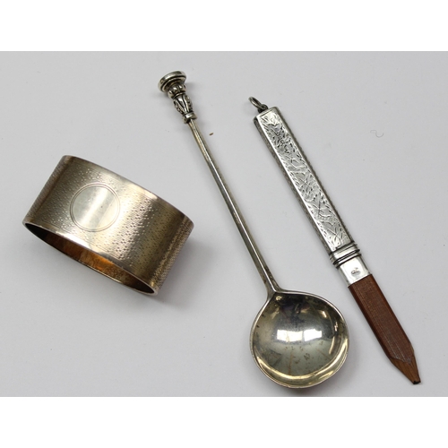 1072 - A silver seal topped spoon, London 1938  by Mappin & Webb, a heavy silver napkin ring, Birmingham 19... 