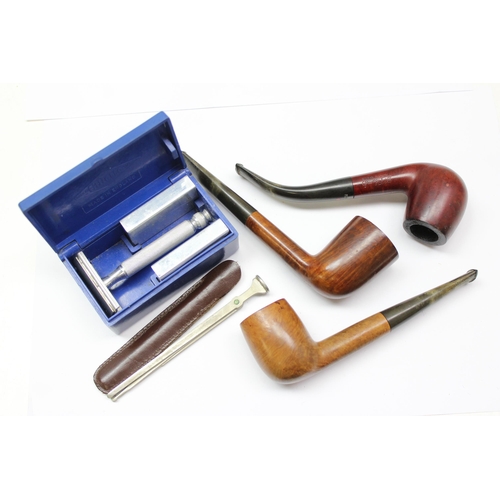 1652 - 3 vintage briarwood smoking pipes to inc Plumb, Commodore & Royal and a boxed Gillette razor (4)