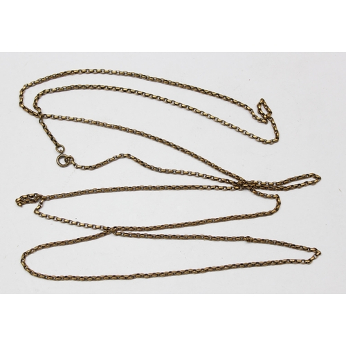 1172 - A long gold plated muff chain, approx 130cm long and a white and  blue stone set broch with unmarked... 