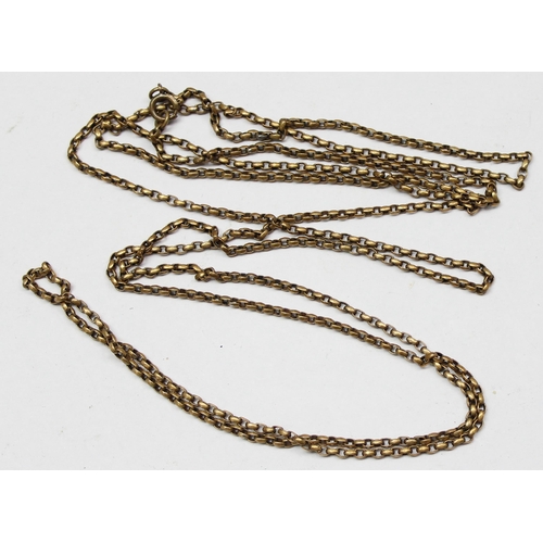 1172 - A long gold plated muff chain, approx 130cm long and a white and  blue stone set broch with unmarked... 