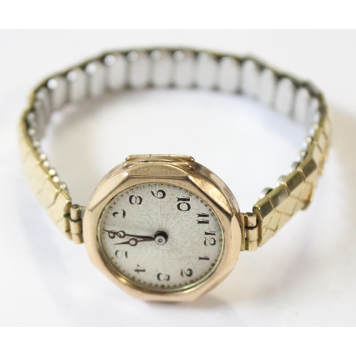 1328 - 9ct gold cased watch on expanding gold plated bracelet, import marks for Glasgow 1908, approx 14.66g... 