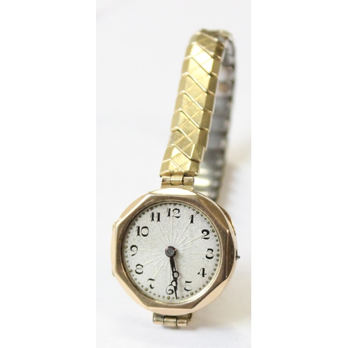 1328 - 9ct gold cased watch on expanding gold plated bracelet, import marks for Glasgow 1908, approx 14.66g... 