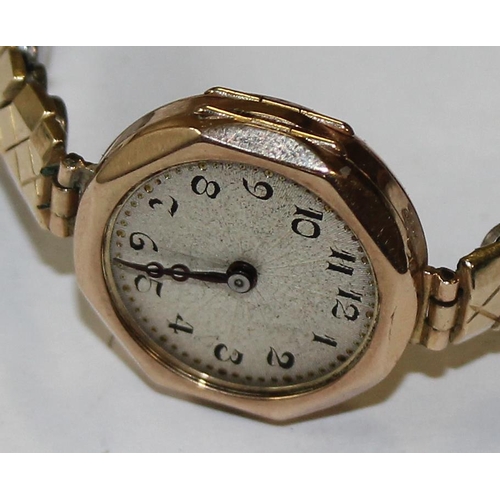 1328 - 9ct gold cased watch on expanding gold plated bracelet, import marks for Glasgow 1908, approx 14.66g... 