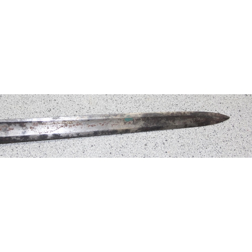 1460 - An antique style sword with clamshell guard and a wire wrap handle, seemingly unmarked, with broken ... 