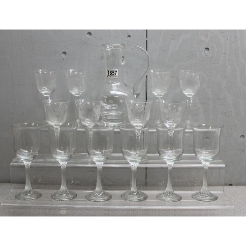 1657 - 2 sets of handmade wine glasses (8 & 6) and a large glass carafe