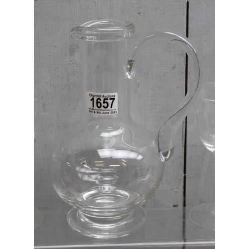 1657 - 2 sets of handmade wine glasses (8 & 6) and a large glass carafe