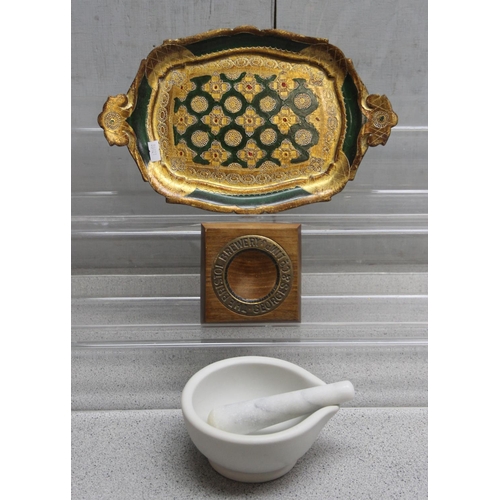 1659 - A small Florentine style giltwood tray, an advertising beer barrel ring for Georges & Co of Bristol ... 