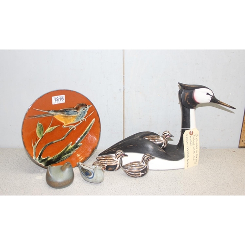 1816 - A large folk art style painted wooden Great Crested Grebe with chicks and other studio pottery bird ... 