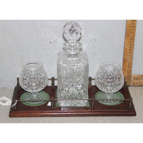 1817 - Cut glass decanter & 2 brandy glasses on mahogany galleried display tray