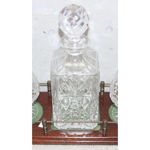 1817 - Cut glass decanter & 2 brandy glasses on mahogany galleried display tray