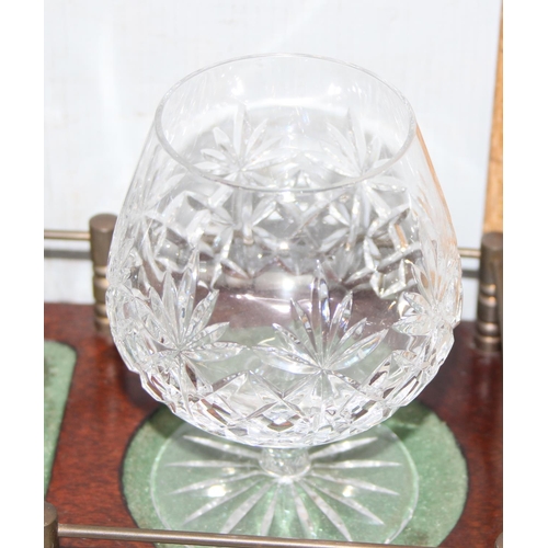 1817 - Cut glass decanter & 2 brandy glasses on mahogany galleried display tray