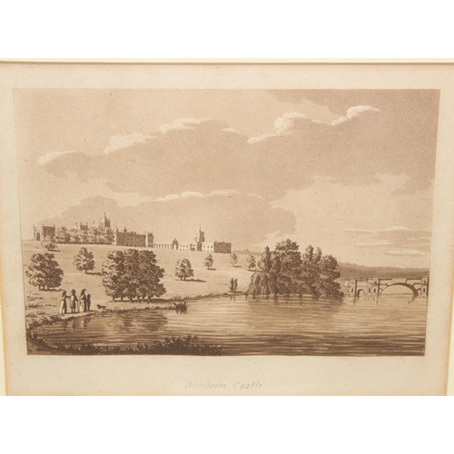 461 - An antique print of Blenheim Palace, an ink and wash landscape by K.A. Wylie, an unsigned ink and wa... 