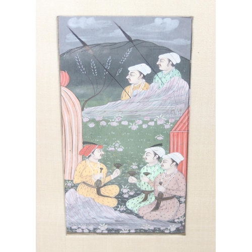 463 - A small Indian Mughal watercolour of seated males drinking, approx 28cm x 20cm inc frame