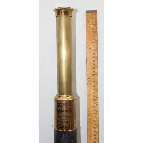 695 - An antique F. Primavesi of Cardiff leather and gilt brass single drawer telescope in canvas and leat... 