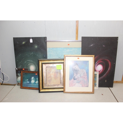 406 - Qty of assorted prints, mainly art related to inc Vincent Van Gogh and 2 modern oil on canvas painti... 