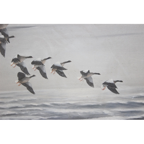 464 - Mackenzie Thorpe (1908-1976) Geese in Flight Signed and dated 1965, oil on canvas measuring approx 8... 