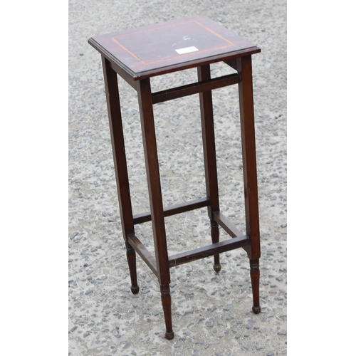 31 - A small Edwardian mahogany jardiniere stand with crossbanded inlay, approx 26cm wide x 59cm tall