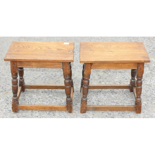 19 - A pair of early 20th century oak coffin stools, approx 46cm wide x 44cm tall x 26cm deep