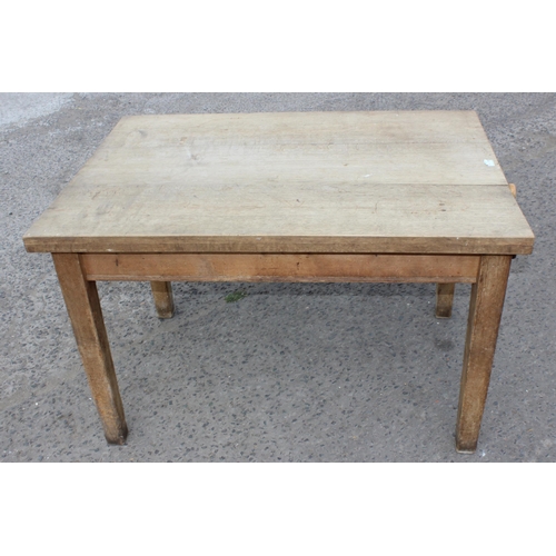 44 - An antique farmhouse kitchen table with single drawer, pine base with light oak top, approx 170cm wi... 