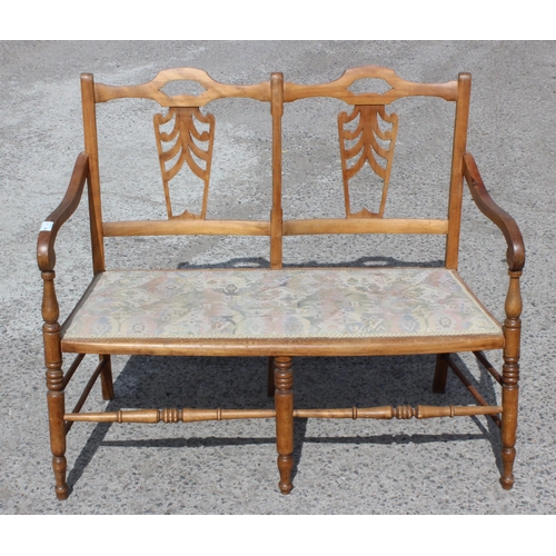 15 - An Edwardian 2 seater bench or love seat with upholstered seat, approx 101cm wide x 92cm tall x 50cm... 