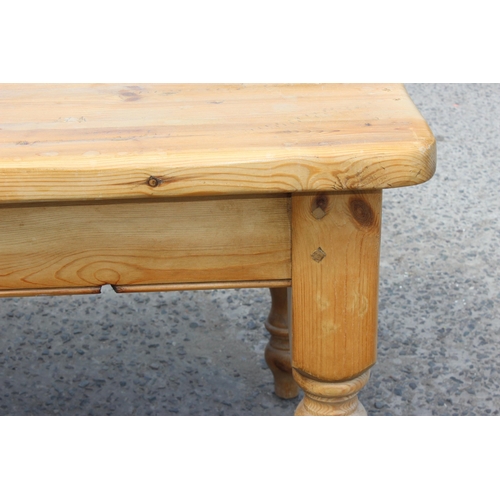 2 - A vintage pine farmhouse country kitchen dining table on turned legs, approx 151cm wide x 91cm tall ... 