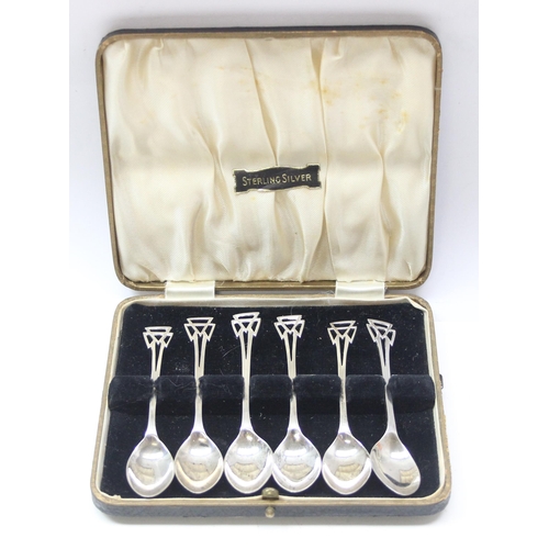 1027 - Set of 6 boxed Art Deco period silver teaspoons, hallmarked for Edward Viner Ltd, Sheffield 1937, ap... 