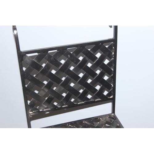 140 - Pair of black metal high back bar stools with lattice seats