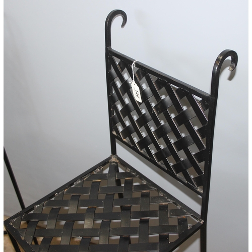 140 - Pair of black metal high back bar stools with lattice seats