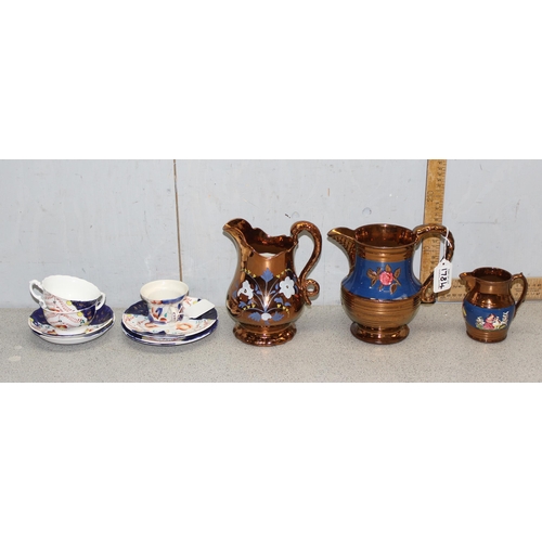 1784A - 3 antique copper lustre jugs and a part Gaudy Welsh pottery tea set and 10 pieces of Aynsley Cottage... 