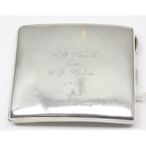 A silver cigarette case with masonic engraving, Chester 1928 by S  Blanckensee & Son Ltd, approx 169