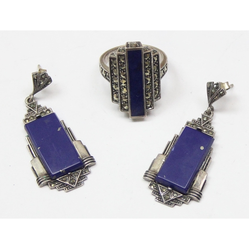 1108 - An Art Deco style pair of silver marcasite and Lapis Lazuli effect earrings and a matching silver ri... 