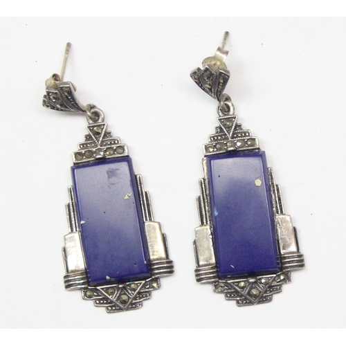 1108 - An Art Deco style pair of silver marcasite and Lapis Lazuli effect earrings and a matching silver ri... 