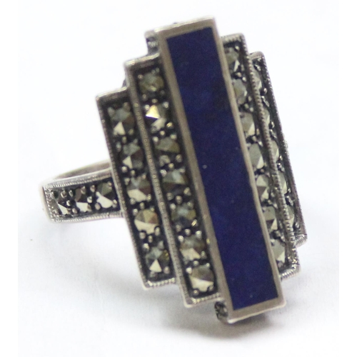 1108 - An Art Deco style pair of silver marcasite and Lapis Lazuli effect earrings and a matching silver ri... 