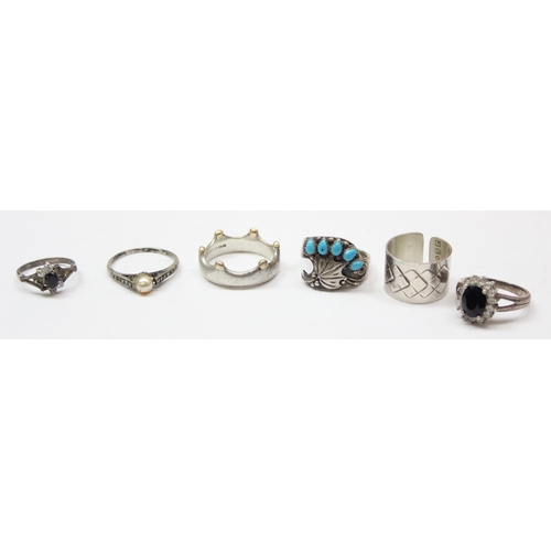 1110 - 6 assorted silver rings to inc a coronet wedding band marked for Birmingham 2002, approx size U, a f... 