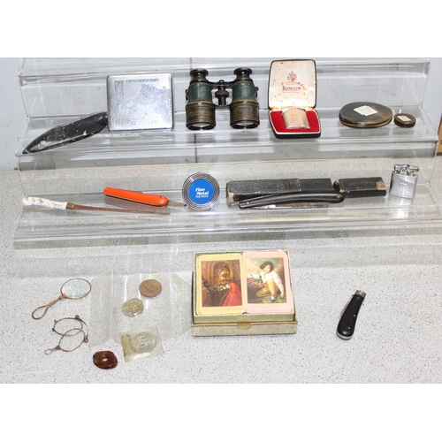 1623 - Mixed vintage lot to incl cut throat razor, binoculars, lighters, cigarette case etc