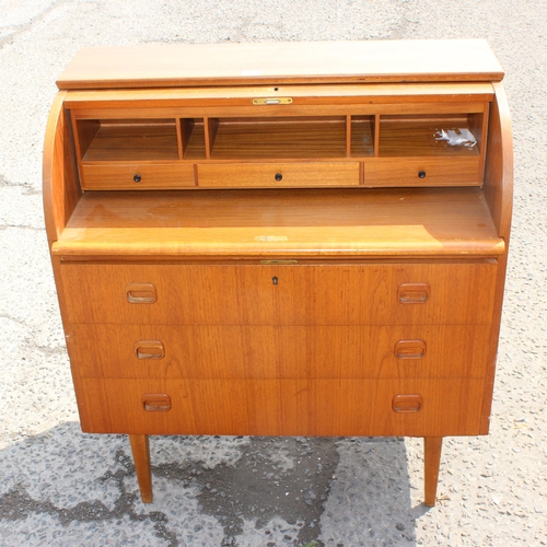 159 - Mid-century lightwood roll-top bureau on legs with 3 drawers, approx 90cm x 97cm x 47cm