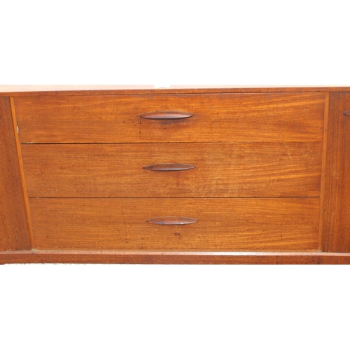 161 - Retro teak sideboard with slightly curved frontage, 2 cupboards and 3 central drawers, possibly Aust... 