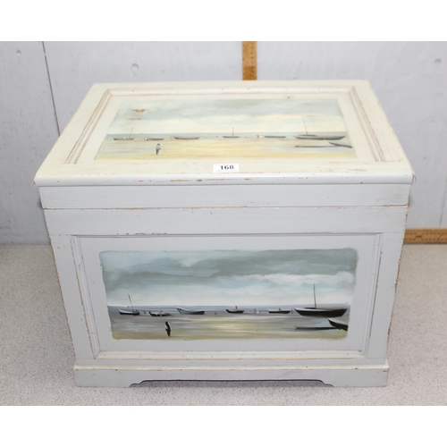 168 - Painted pine trunk with nautical theme painted panels approx 57cm x 44cm x 41cm