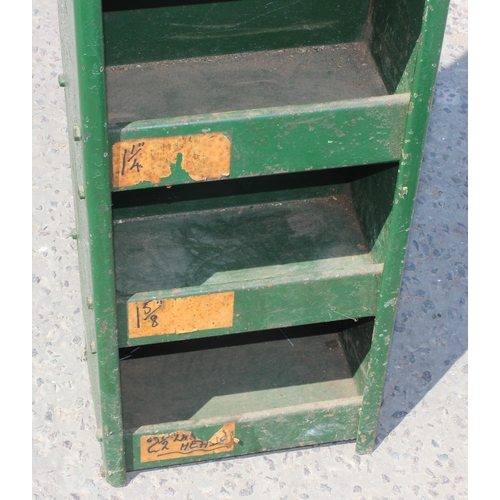 111 - A vintage industrial metal rack with 7 compartments, approx 37cm wide x 167cm tall x 23cm deep