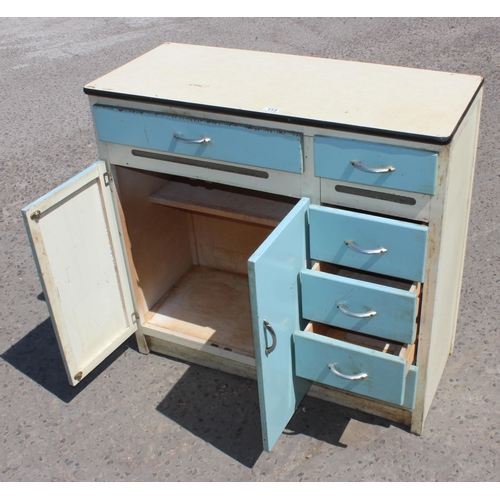 113 - A retro mid-century Formica topped kitchen cabinet in white and light blue with a single cupboard an... 