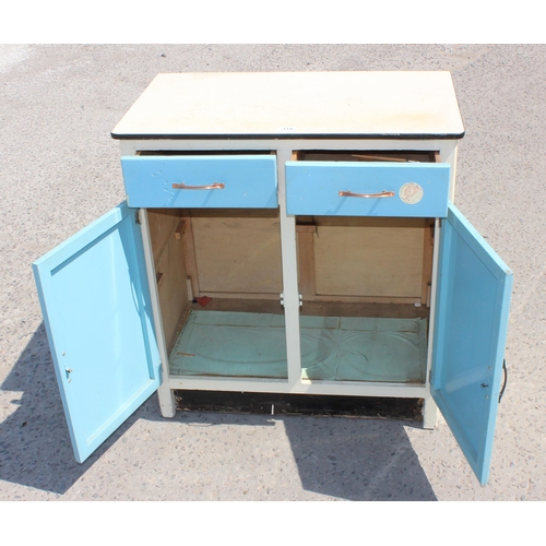 114 - A retro mid-century Formica topped kitchen cabinet in white and light blue with a single cupboard un... 