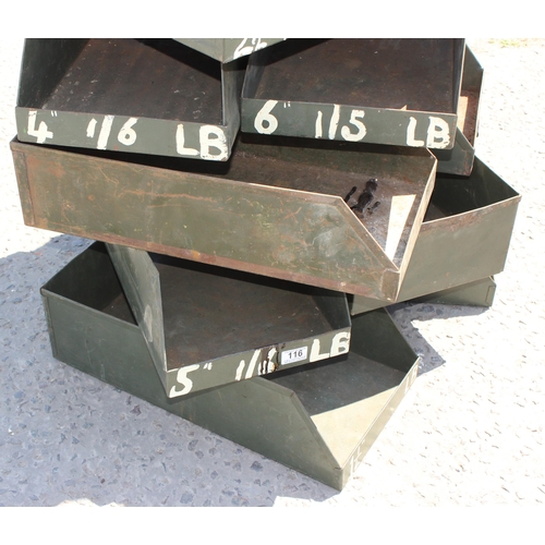 116 - 12 x green metal trays, each approx 27cm x 15cm x 52cm (WxHxD)