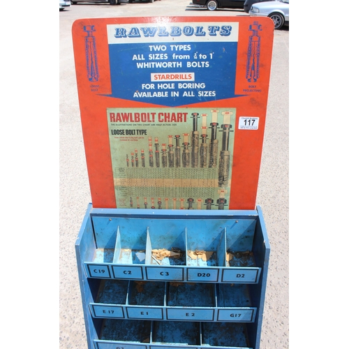 117 - Rawbolts painted metal freestanding shop display unit and advertising, approx 40cm x 155cm x 23cm