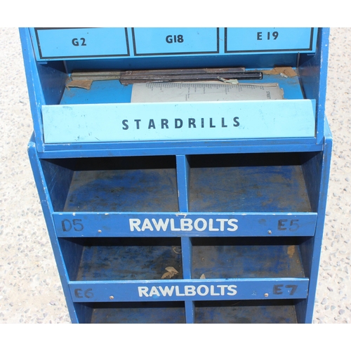 117 - Rawbolts painted metal freestanding shop display unit and advertising, approx 40cm x 155cm x 23cm