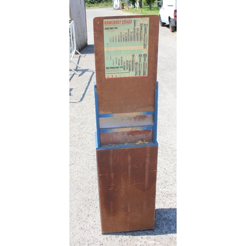 117 - Rawbolts painted metal freestanding shop display unit and advertising, approx 40cm x 155cm x 23cm