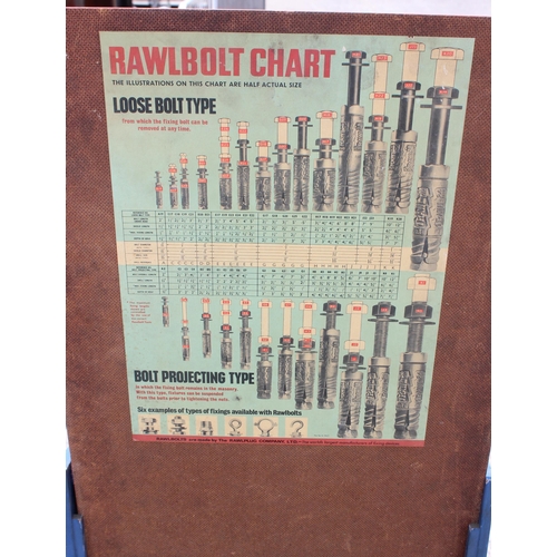 117 - Rawbolts painted metal freestanding shop display unit and advertising, approx 40cm x 155cm x 23cm