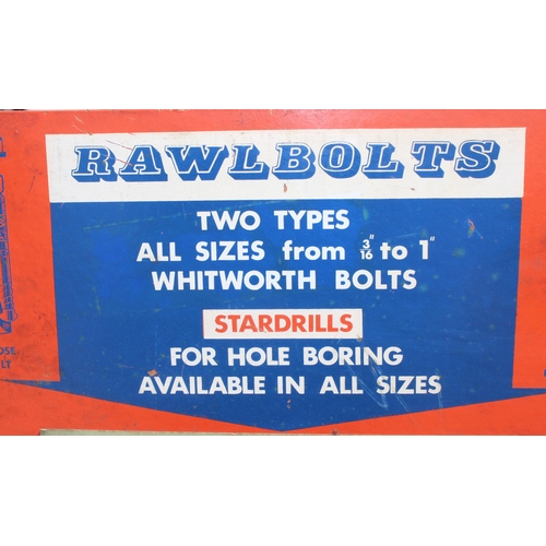 117 - Rawbolts painted metal freestanding shop display unit and advertising, approx 40cm x 155cm x 23cm