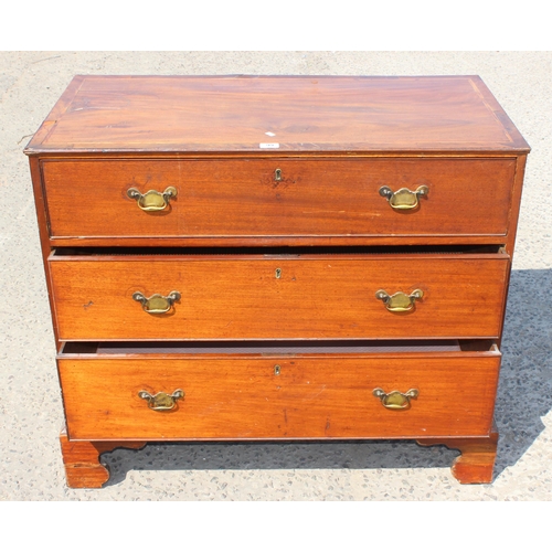 99 - A 19th century mahogany 3 drawer chest of drawers with brass handles and bracket feet, approx 103cm ... 