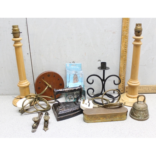 1781 - Qty of assorted misc items to inc a pair of turned wooden lamps, a reproduction Dutch brass tobacco ... 