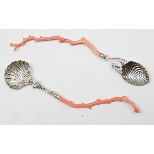 1049 - 2 Italian 800 silver and coral handled spoons, one for Parmesan and the other for sugar, both with b... 